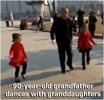 90-year-old grandfather dances with granddaughters